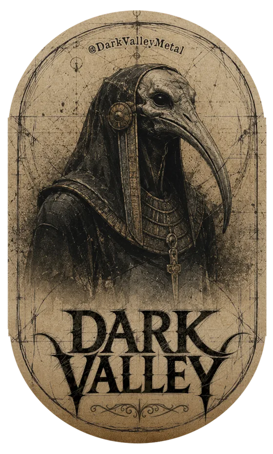 Diseño del imán: figura encapuchada con cabeza de ibis sobre papel envejecido, con el logo y el usuario @DarkValleyMetal
