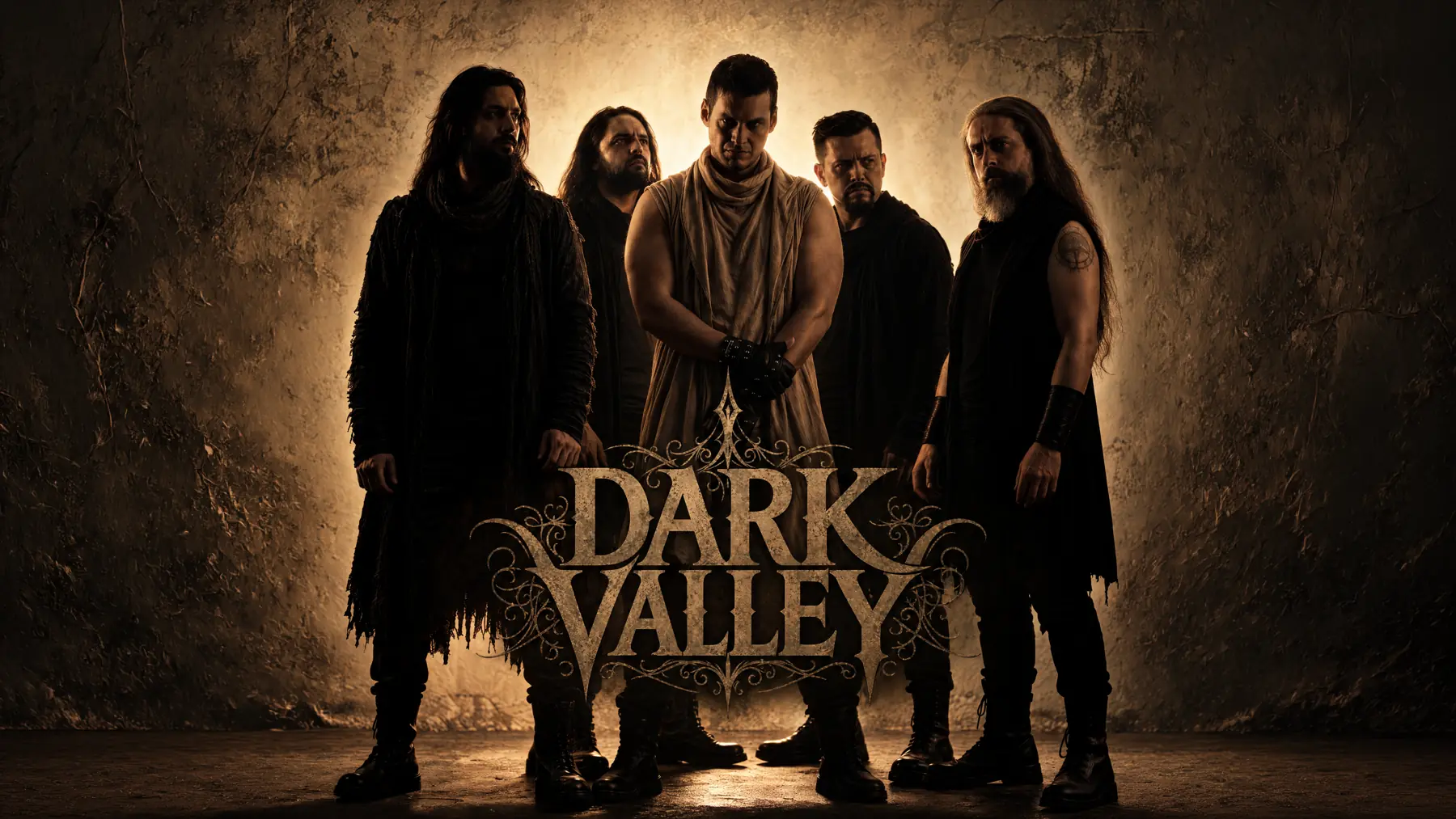 Los cinco integrantes de Dark Valley de pie frente a un muro iluminado a contraluz, con el logo de la banda delante